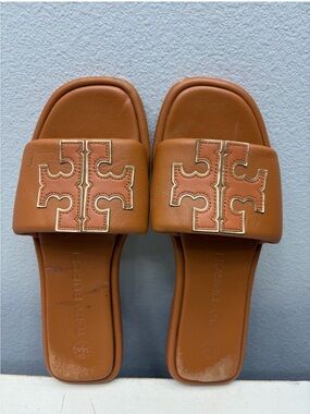 Tory Burch Brown Leather Double T Sport Slide Sandals Size 8